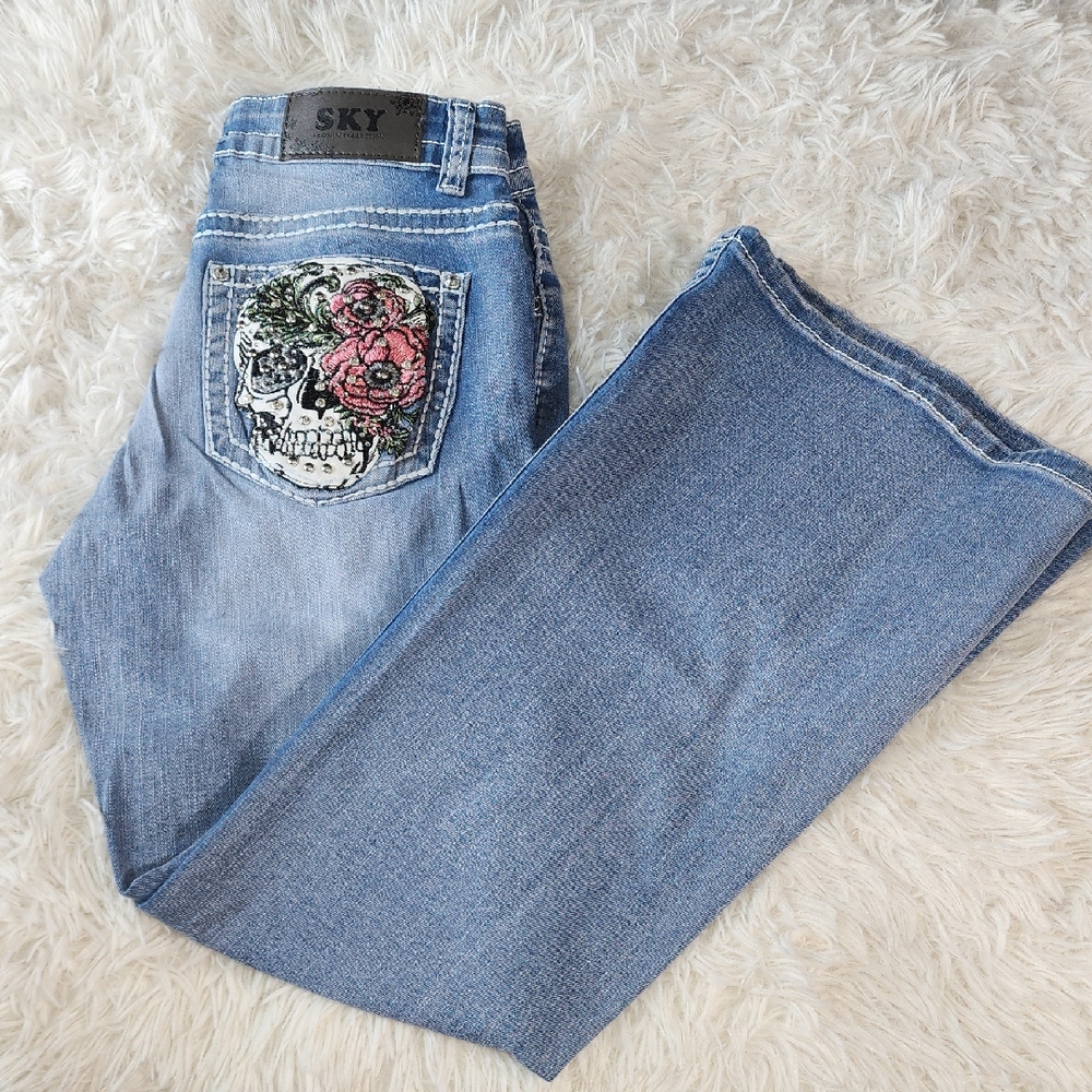 Sky  Blue Embroidered Jeans Brand New Low Rise Flare